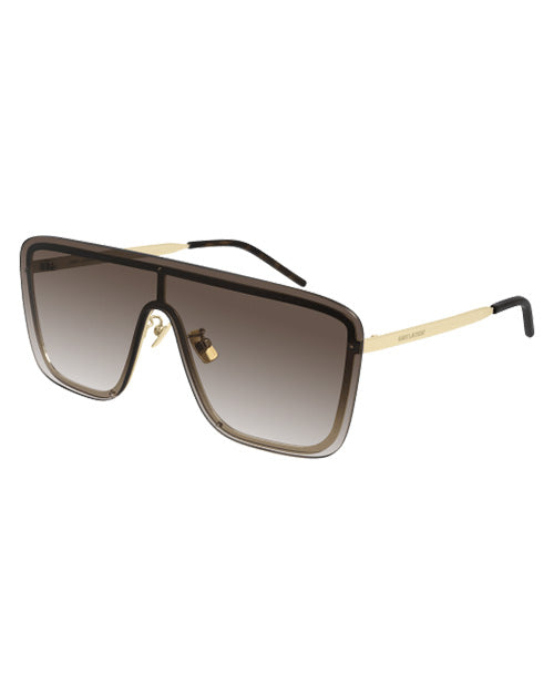 Rectangular framed sunglasses with brown lenses, gold temple, and black temple tips. 