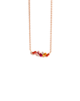 Rose gold chain necklace with various colored sapphires and white diamond bar design.
