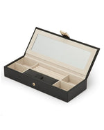 Black jewelry case with tan interior, compartments, and a mirror.