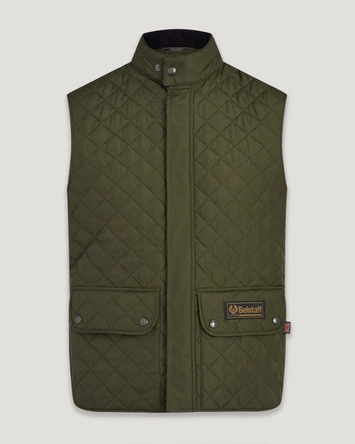Olive Waistcoat Vest from Belstaff in front of white background.
