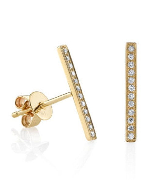 Gold stud earring with gold and diamond bar design. 