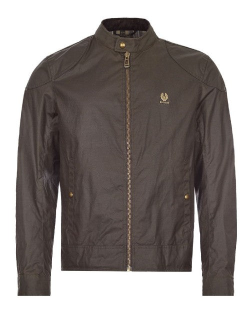 Olive-colored Kelland Jacket from Belstaff in front of white background.