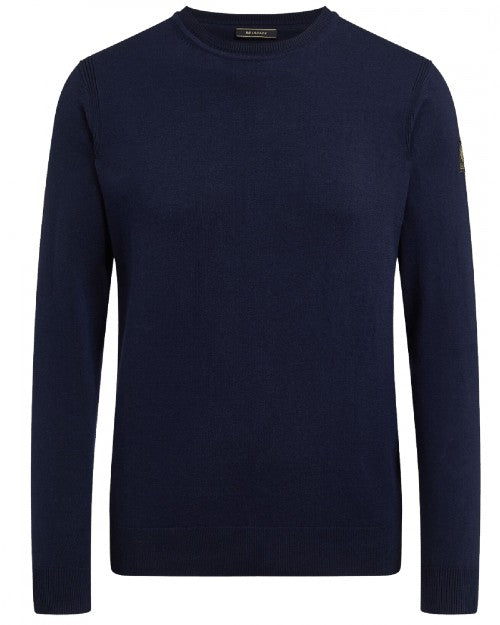 Navy Moss Crewneck Sweater from Belstaff in front of white background. 